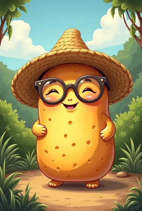 I want a drawing of a smiling caipira cheese roll wearing a straw hat with glasses from the myth