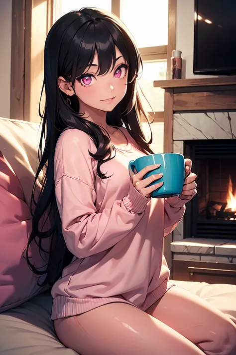 ((1 Girl)), Loungewear, pretty girl, poncho,  Hot Cocoa, ( holding a mug with both hands ), Living room with fireplace,  sit on the sofa, Quiet,  COWBOY SHOOTING ,(( super detailed, best quality,  high definition , 8k wallpaper, Beautiful clothes,)),(( bla...