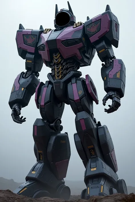 ((1Cybertronian: tall 10km. Looks scary and cold, The main colors are black and purple in kintsugi style, The Head is just a lifeless black screen with no face or eyes)).