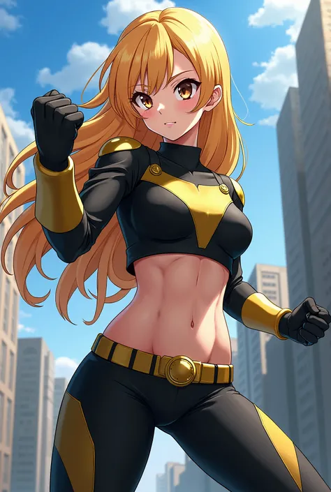   My Hero Academia style , Anime girl, female, young female ,    full body shot  ,(Fighting pose:1.3),  Long hair, yellow Hair,    Brown Eyes   ,  hero suit, Full Body Suit, Black suit with gold detail, perfect anatomy,  toned abs,Super detailed,( building...