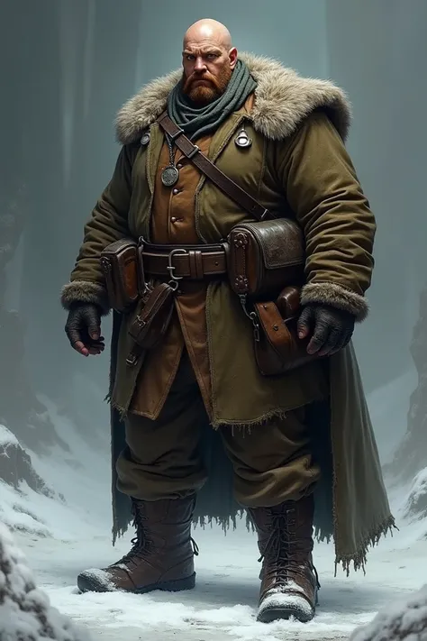 A siberian villain. He has a big moustache, hes bald ,big and muscular. He wears hunting clothes