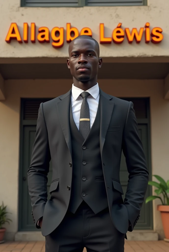  shaved hair who is an accountant of a farm producing eggs {x} I want to generate a similar image for me of a young African boy dressed in a practical suit dressed in light black color of size 1.80 mètre mince ,  and he finds himself in front of his office...