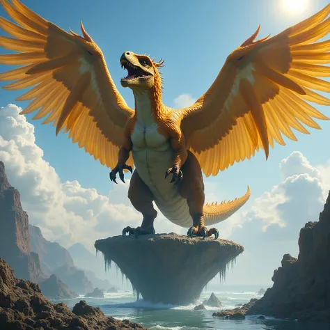 A magnificent beast with the muscular body of a T-Rex, covered in golden feathers, and enormous eagle wings that span the horizon. Its claws combine the strength of a T-Rex’s legs with an eagle’s talons, making it both a predator of the skies and the earth...