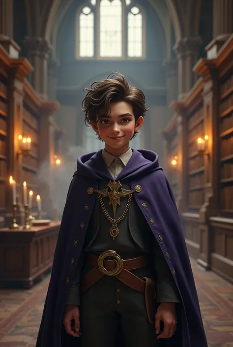 Male, young wizard/mage, smug, inside a academy, front shot view