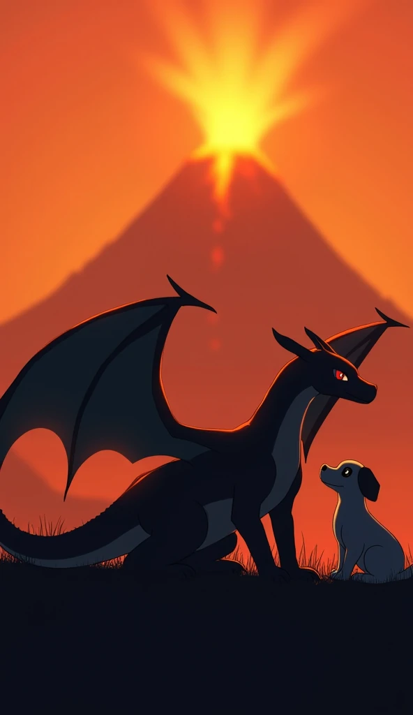  A charizard lying on the ground near a volcano, with your puppy lying close to ,  realistic image ,Cinema effect , silhouette ,  plain background,  Motion blur , 