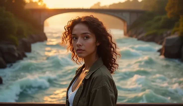 A mixed-race woman in her late 20s with curly brown hair and hazel eyes, standing on a bridge over rushing waters, her face serene and confident despite the turbulent river below. Golden hour lighting creates a dramatic atmosphere --ar 16:9