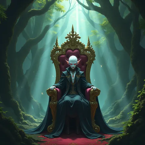 Vampire elf sitting on a throne in the middle of the forest realistic anime gothic RPG 