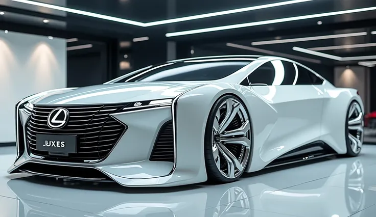 "A futuristic luxury sedan inspired by the Lexus ES, with a sleek Red body and modern design. The car features a large, intricate front grille prominently displaying the Lexus logo. The front number plate reads Luxes in bold letters. The vehicle is equippe...