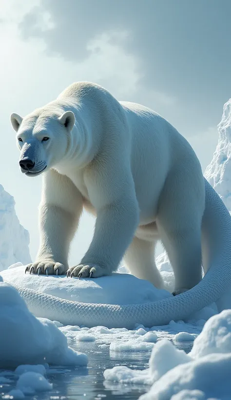 "A majestic creature in a stark Antarctic landscape, blending the power of a polar bear and a colossal anaconda. This hybrid creature has the muscular, snow-white body of a polar bear, yet its elongated form and lower body resemble the thick, coiled scales...