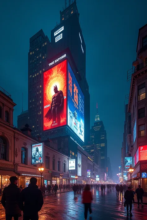 City Streets，night，Perspective angle，Human perspective， There is a large 3d screen on the wall of a tall building ， and a poster showing this movie on the screen，The name is Batman ，Other peoples poster pictures