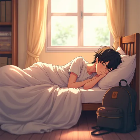 A  lying in his bed inside his room on the side of his bed is his backpack
 Do it anime style 