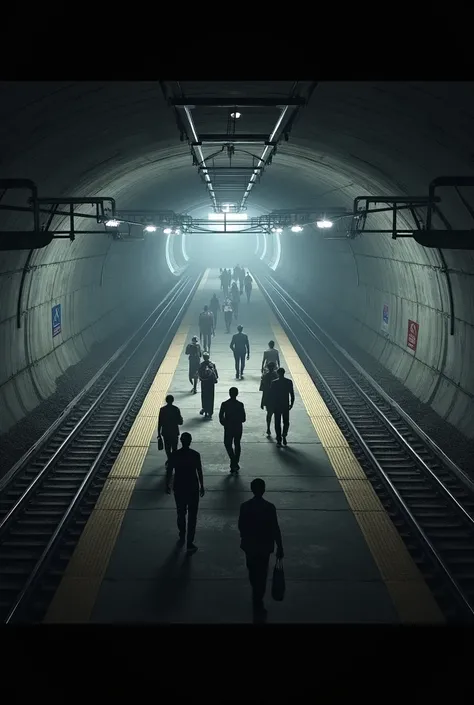 Underground metro station ,  along the edges of the rail and a platform in the center