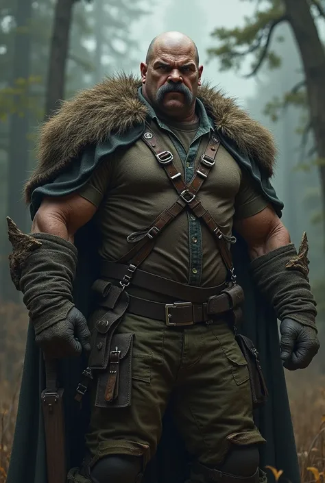 A villain. He has a big moustache, hes bald, and muscular. He wears hunting clothes