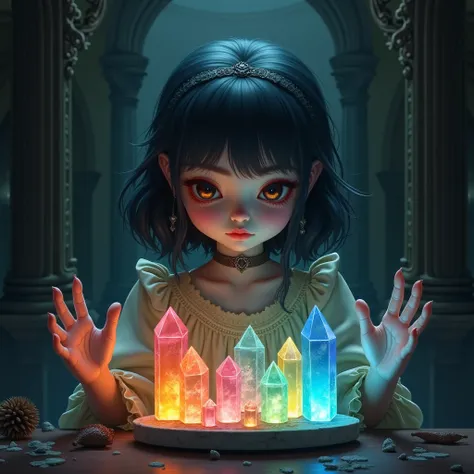 Young pretty evil doll playing with colored crystals realistic anime gothic RPG 