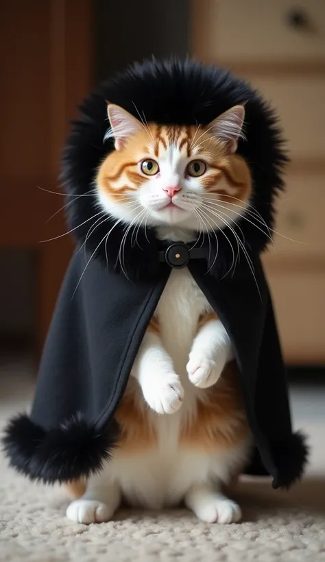 " a real cute cat standing on its back legs , Standing on two legs ,  Facing Front, she; with a black cape with fluffy fur on the hem、 Wearing a black dress .Im wearing a black fluffy Russian hat.  cat wearing a train costume has soft fur mixed with white ...