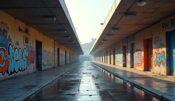 A symmetrical street view with graffiti, futuristic overhangs, and reflective disco-style pavement. daylight scene. no human.