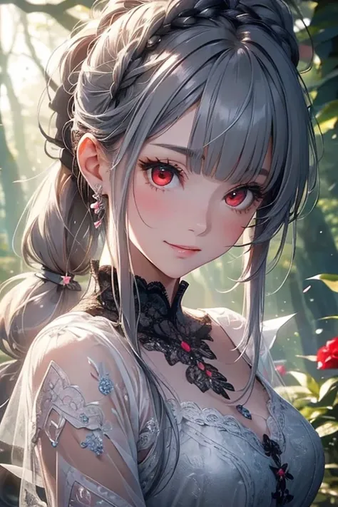  very beautiful face 、 beautiful female model    ,  ((red eyes:1.3)).((   ponytail )).  ((Flowers in hair)). very beautiful face    , (Slightly droopy eyes).  Check out her beautiful and delicate face   , Sharp beautiful face,     Attractive beautiful face...