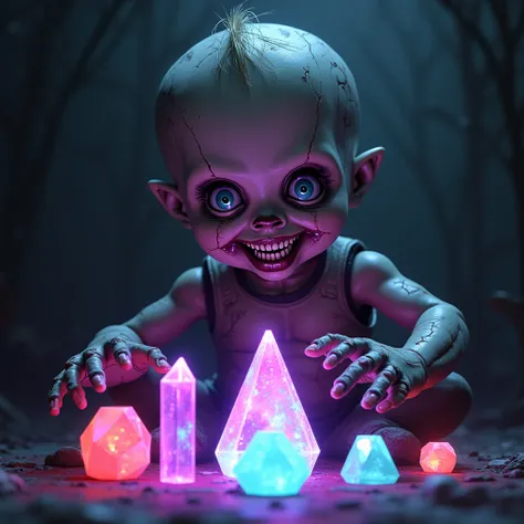 Young evil zombie doll playing with colored crystals realistic anime gothic RPG 