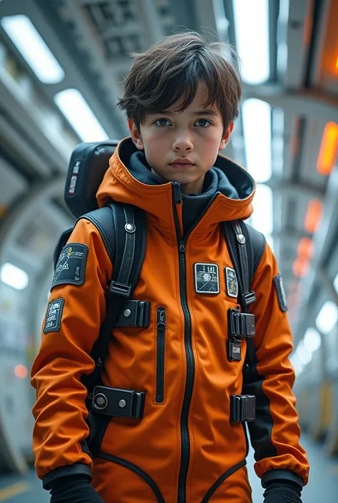 A young teenage boy in a futuristic sci-fi setting, wearing a sleek, modern space suit with a design similar to his crew members. The suit features a vibrant orange as the primary color, accented with black and white details for a dynamic and energetic loo...