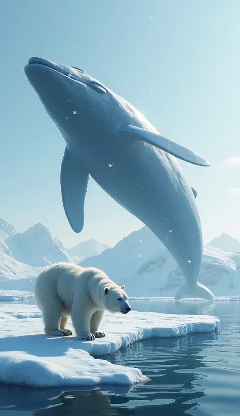 "A majestic polar bear and a colossal blue whale in a vast Antarctic landscape, symbolizing the stark beauty of the region. The polar bear, with its powerful build and thick white fur, crouches near a patch of ice, eyes fixed intently on its surroundings. ...