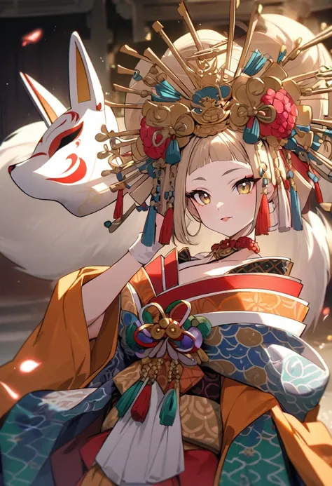 anime、Woman wearing a fox mask、luxury、Oiran、high resolution、high quality、beautiful、beautiful、With kissel、Upper Body、