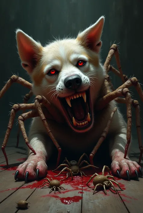 A dog is being bitten by many spiders. The dog is bleeding all over. The dog is crying a lot in pain.