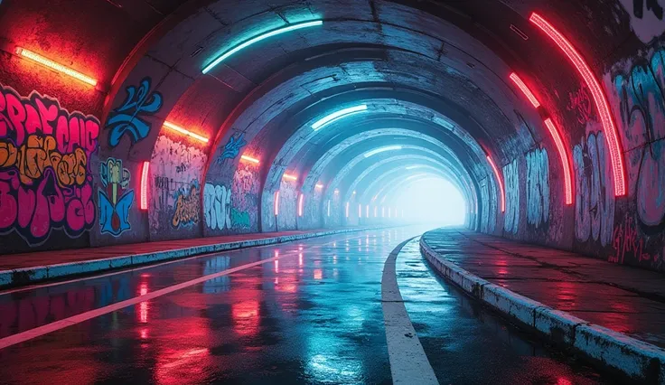 Reflective roads and tunnel-like graffiti walls in a daylight scene with vibrant sci-fi elements. daylight scene. no human.