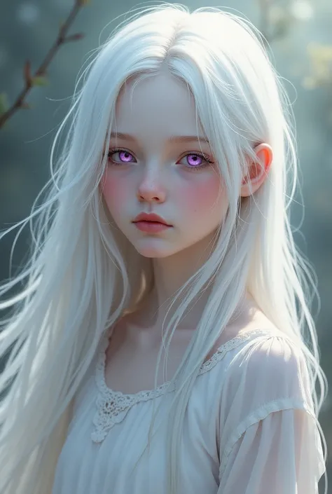 Realistic digital painting, girl with long white hair, purple eyes, pale white skin, abino, semi realistic, realistic light, realistic texture 