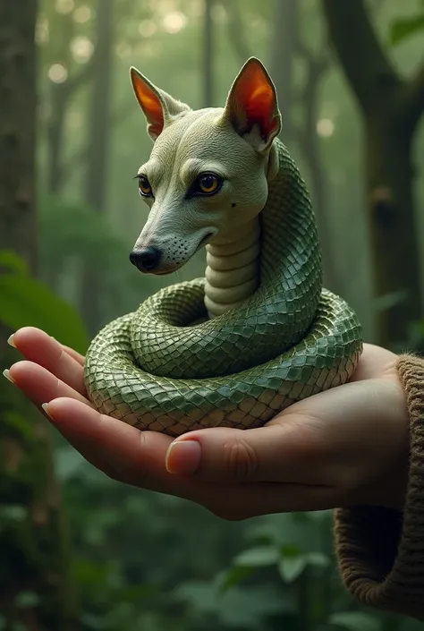 The image depicts a surreal creature: a snake with the head of a dog coiled around a human hand. Its glossy, reflective scales gleam like a real serpents skin, while the dogs head looks lifelike and expressive. The background is a dense forest, styled to e...