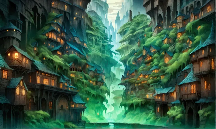 Underground medieval city with large sewer theme, green smoke, green sewer river, ((Realistic fantasy landscape design)), ((Dramatic studio lighting)), ((Fine lines)), ((Stunning angle)), ((Highly detailed)), ((Stunning graphics)), ((Detailed strokes)), ((...