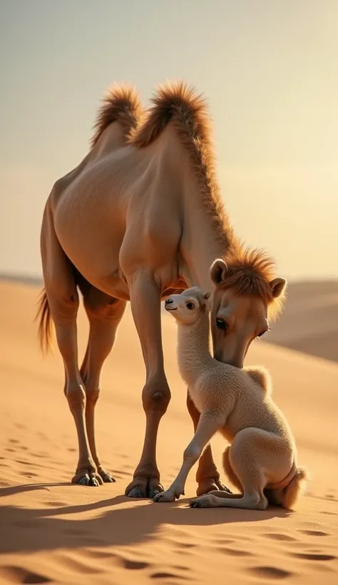 In the same arid desert, a young camel calf kneels slightly beneath the cow, its soft fur brushing against the cow’s flank as it drinks milk. The cow stands still, its head tilted slightly to watch over the calf. The desert sun casts gentle shadows across ...