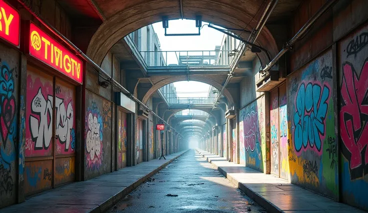 A tunnel-like urban street with vibrant graffiti, 3D fashion elements, and a modern sci-fi vibe. daylight scene. without human.