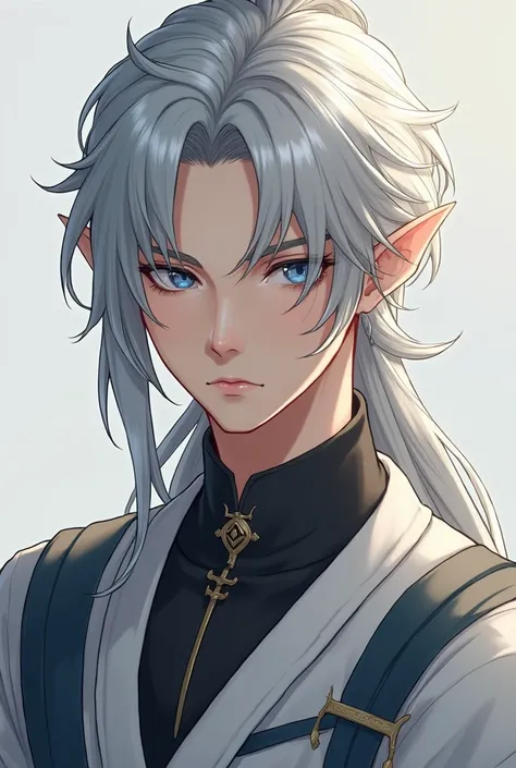 korean elven man, small almond-shaped blue eyes, 20s, half body, toned body, detailed expression, elven features, oriental features,  silver hair long enough for a tiny ponytail, soft lighting, brush effect,