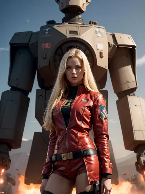 ( Ultra High Definition Imagery  :1.2),realistic,high quality,Light movie ,  whole body,  1 beautiful blonde European woman , ( is standing in front of a giant war robot :1.3)，  she is wearing red shorts and a black jacket , flirts with the camera