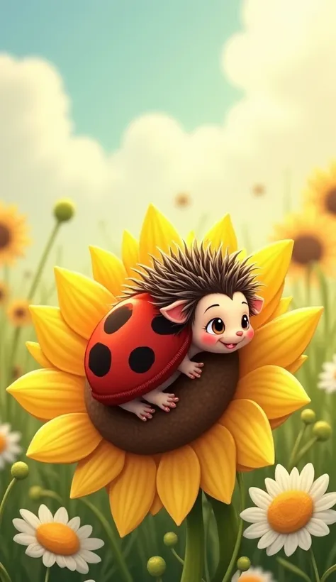 Craft a delightful digital artwork featuring the Bughedge, a hybrid of a hedgehog and a ladybug. The Bughedge has a tiny, spiky body covered in smooth red-and-black ladybug shell patterns, with small insect-like wings peeking out from its back. It crawls p...