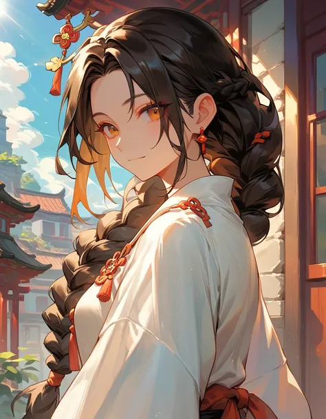 ((1girl)),((building)), braided bangs,braided ponytail,(solo:1.2), balck hair, 16yo,looking at viewer, sunlight,hanfu, chengqiang, 