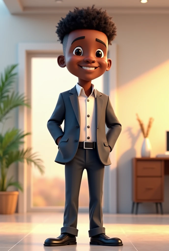 3d cartoon of a 35 year old, black african man. With a gentle, approachable smile. wearing a fitted suit (jacket and pants), white shirt and polished black shoes. standing infront of an office