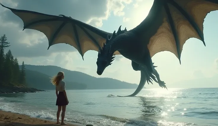 In the foreground, the sea, a black dragon flies at water level. Sun reflections on the dragons scales and on the waves. Further the beach, a young blonde woman is standing and watch the dragon Further behind a dense forest then wooded hills