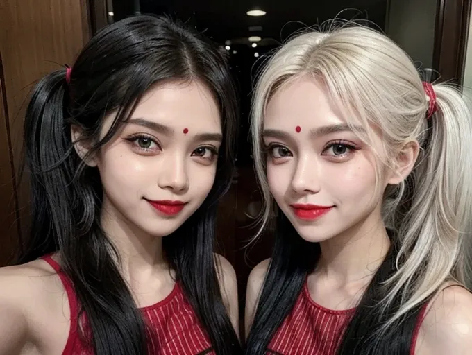 Family male and female smiles, 10 members selfish peoples, make up beautifully, red lipstick, indian peoples, black pottu, twin tail white hair style 