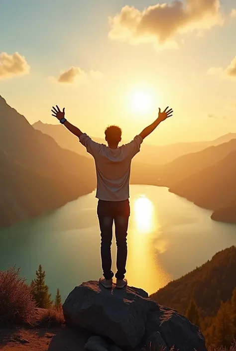 Create an image of a person standing on top of a rock or hill with arms outstretched in a gesture of freedom and joy. A breathtaking natural landscape opens up before the person, a serene lake under a bright dawn or dusk sky. The colors are bright and invi...