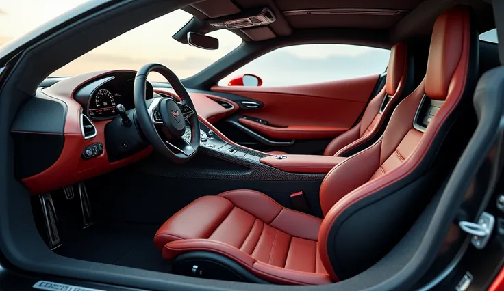 A high-quality interior view of the 2025 Chevrolet Corvette Zora, showcasing its luxurious cabin with premium materials. The cockpit is designed with a mix of leather, carbon fiber, and polished metal accents, giving it a high-end, futuristic feel. The das...