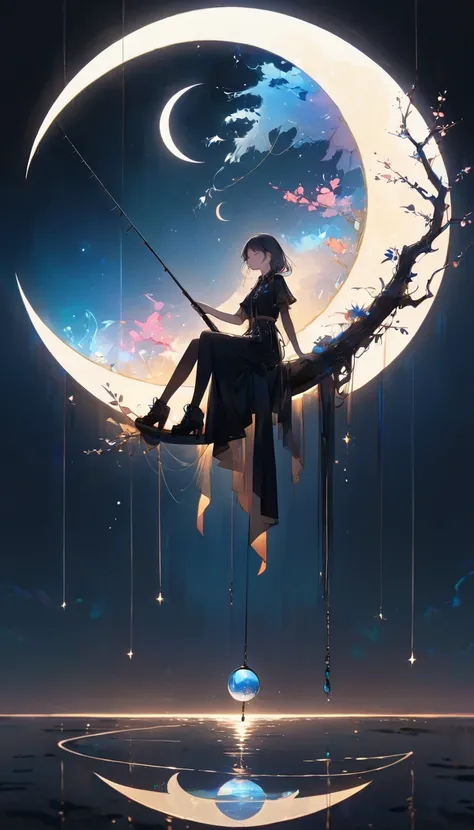 Attractive fishing girl sitting on a crescent moon, 1 person, A very thin line is hung straight down from a fishing pole, Aesthetic Earth attached to the top, Transparent and aesthetic internal illumination, Artistic Design, Dark pop fantasy, The aesthetic...