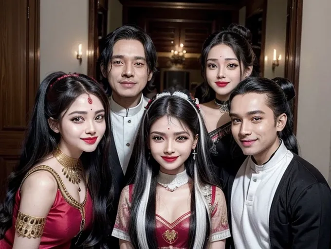 (Big Family) male and female smiles, 10 members selfish peoples, make up beautifully, red lipstick, indian peoples, black pottu, twin tail white hair style 