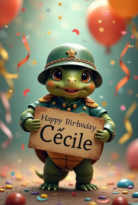  A cute turtle dressed as a soldier with a sign "Happy Birthday Cécile ".  Cotillions twirl all around her 