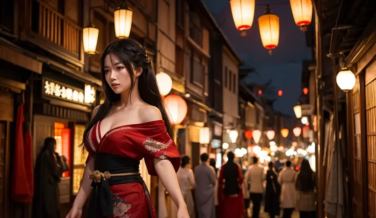 A stunning Asian female assassin with long dark hair, wearing a traditional Japanese-style kimono dress resembling ancient attire, slightly modernized with an off-shoulder design. She is in a dynamic kungfu fighting pose, showcasing intricate tattoos on he...