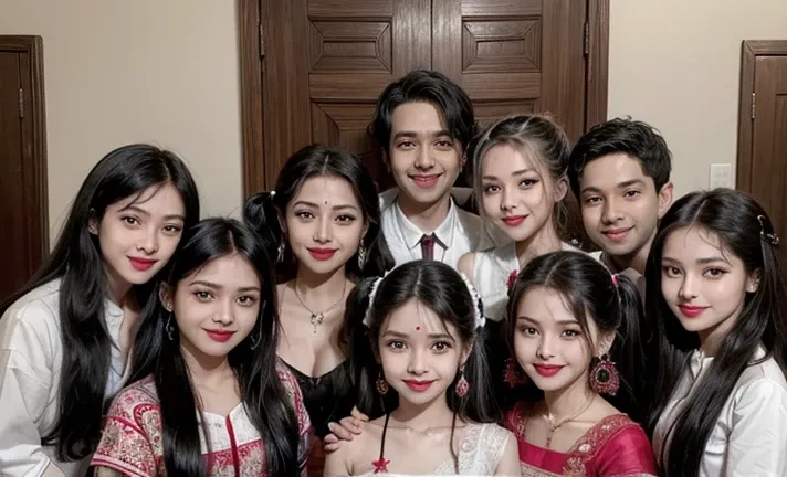 (Big Family) male and female smiles, 10 members selfish peoples, make up beautifully, red lipstick, indian peoples, black pottu, twin tail white hair style 