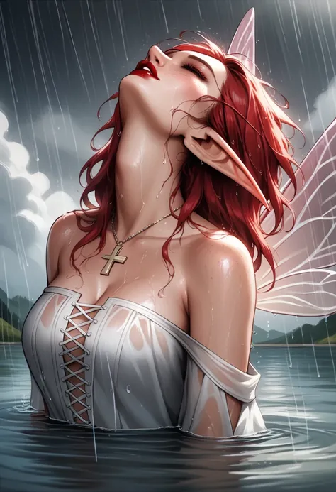 score_9, score_8_up, score_7_up, 1girl, Beautiful, Curvy, Tall, Mature, (Medium Breasts: 1.3), (Wet Elf Woman: 1.3), (Standing, head back, in water at a lake in the rain during a rain storm, dark cloudy skies: 1.3), (Fairy Wings: 1.3), (Thicc Thighs, Big b...