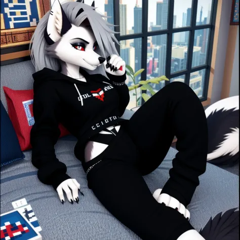 (pixelart: 1.2), beautiful gothic Loona Hellhound, sexy goth girl, designer sweatshirt coat with logos, pants, bedroom, lying in bed, (by Isaac quek: 0.8) [by Ilya Kuvshinov: 0.65]