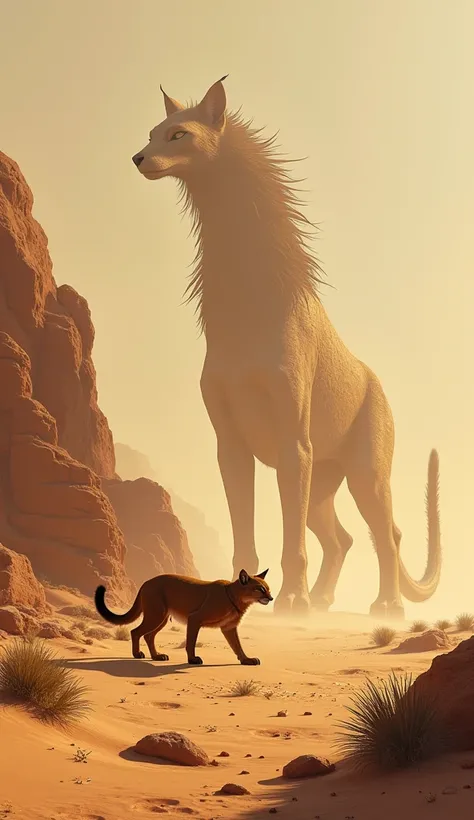 "A majestic desert lynx and a colossal creature in a vast, arid desert landscape, symbolizing the harsh beauty of the desert. The lynx, with its powerful build and soft tawny fur patterned with subtle markings, crouches near a patch of rocky terrain, its k...