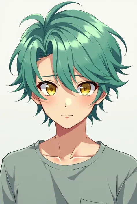 Draw a male character with moderately short mint-colored hair and yellow eyes in an anime style